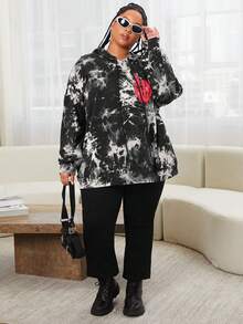 SHEIN CURVE+ Áo nỉ tay rớt vai cỡ lớn, nhuộm tie-dye, in hình bàn tay xương. - Đen và trắng - Xem 5