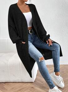 SHEIN Frenchy Áo khoác cardigan thả vai hai túi - màu đen - Xem 7
