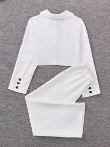 Tween Girl Double Button Crop Blazer & Pants - White - View 2