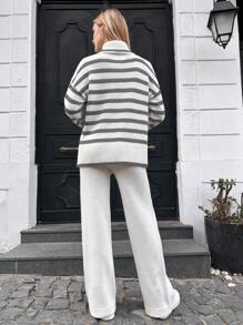 SHEIN Cottnline Striped Pattern Turtleneck Drop Shoulder Sweater & Knit Pants - Multicolor - View 2