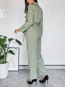 SHEIN Privé 素色雙排釦西裝外套&西裝褲 - 綠色 - 查看 2