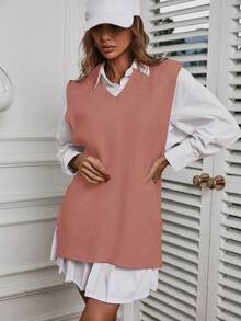 EURMUSE Solid Split Hem Sweater Vest Without Blouse - Pink - View 4