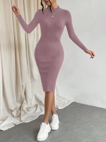 Cloudara Mock Neck Split Thigh Sweater Dress - Pink - View 4