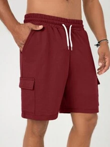 RueChic Men Flap Pocket Side Drawstring Waist Shorts - Burgundy - View 3