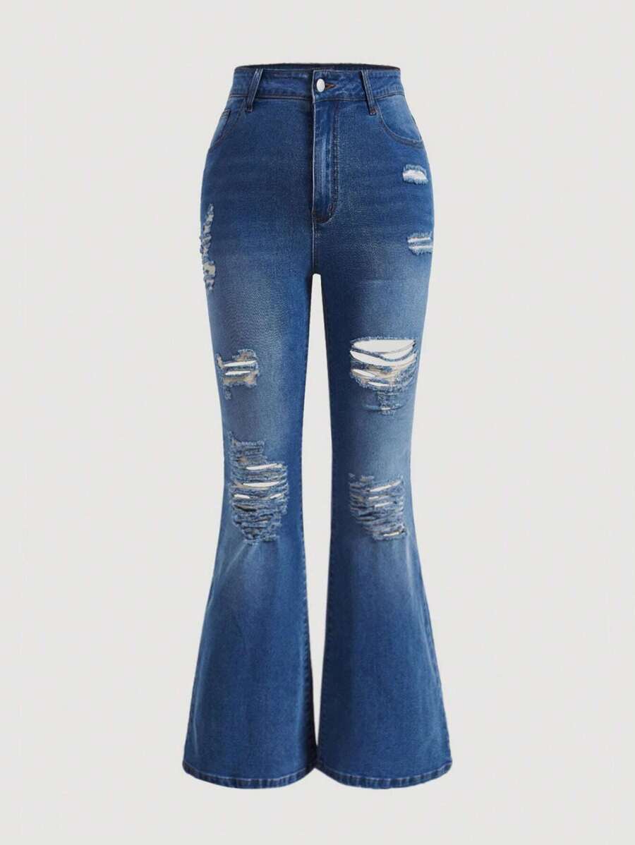 SHEIN MOD Plus Ripped Flare Leg Jeans - Dark Wash - View 1