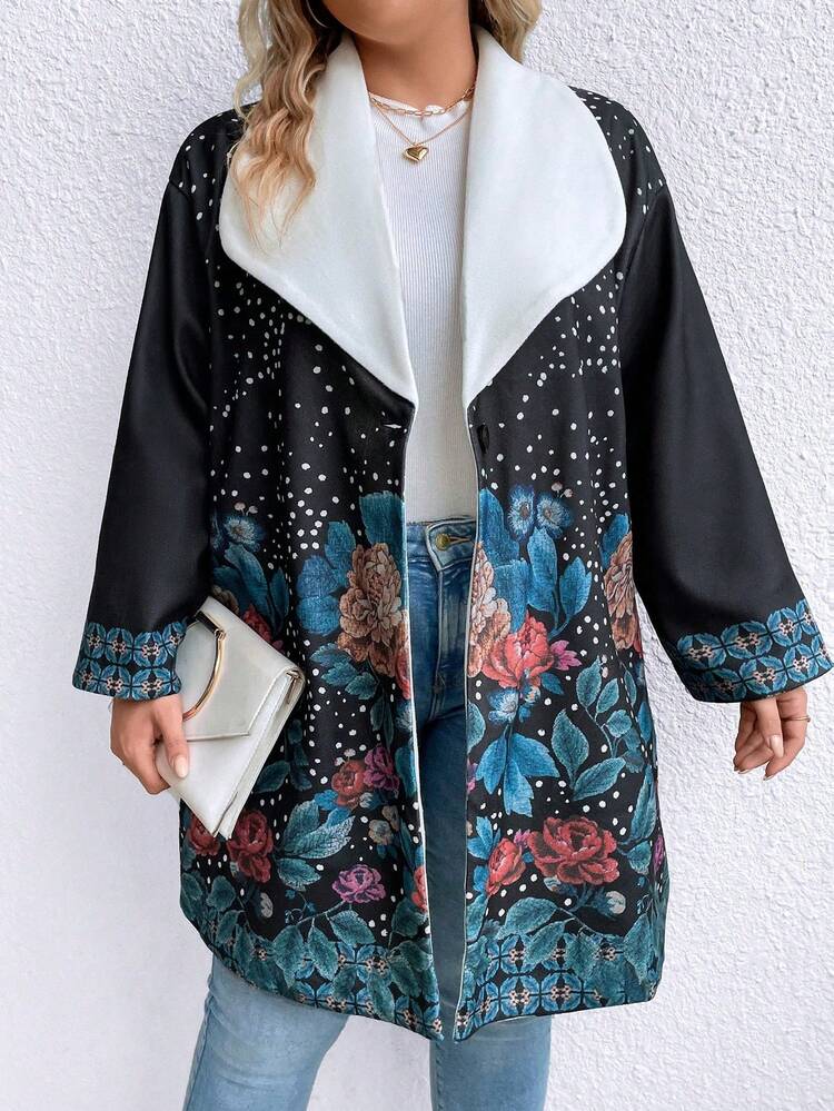 Plus Floral Print Waterfall Collar Open Front Overcoat