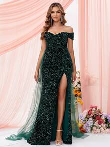 LOVE&LEMONADE Off Shoulder Split Thigh Sequin Formal Dress - Green - View 3