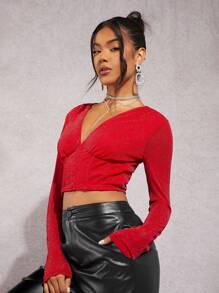 SHEIN BAE 1pc Solid V Neck Crop Top