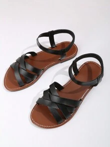 Sandales plates à brides croisées femme 2022, confortable couleur unie bout rond, polyvalentes et . Nouvelles sandales d'été décontractées, légères, avec lanières ouvertes