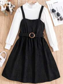 SHEIN Tween Girl Mock Neck Tee & Belted Cami Dress - Black and White - View 1