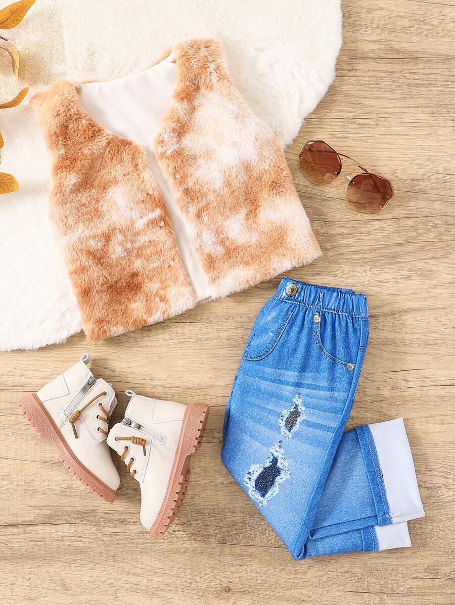 SHEIN Young Girl Tie Dye Teddy Vest Jacket & Pants - Brown - View 1