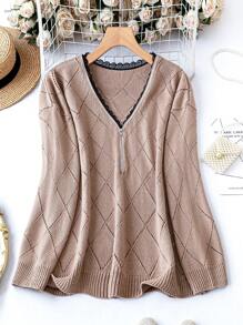 SHEIN LUNE Áo len dệt kim Pointelle cổ trễ với viền ren tương phản, kiểu áo chui đầu, thích hợp cho mùa thu đông. - màu nâu - Xem 1