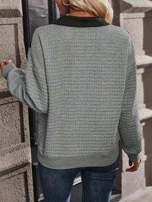 SHEIN LUNE 雙色四分之一按鈕落肩袖運動衫 - 灰色 - 查看 2