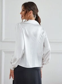 SHEIN Privé Solid Ruched Button Front Shirt - White - View 2