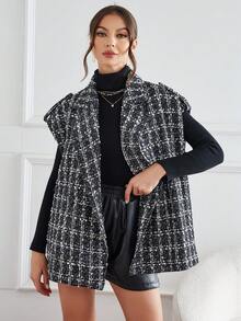 SHEIN Privé Plaid Pattern Lapel Neck Vest Blazer Without Belt - Black and White - View 2