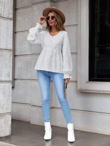 SHEIN LUNE Chất rắn Nút phía trước Tay áo loe Áo sơ mi Peplum - trắng - Xem 3