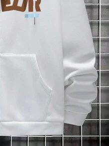 Manfinity Homme Men's Loose Fit Hooded Sweatshirt With Star & Letter Print, Zipper Closure And Drawstring - White - View 3