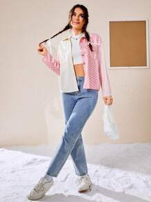SHEIN EZwear 格紋及拼色設計之單排釦西裝外套,配有經典領型 - 粉色 - 查看 6
