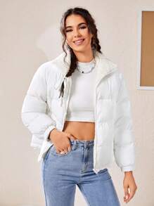 SHEIN EZwear 熊刺绣落肩双面夹棉大衣 - 白色 - 查看 5