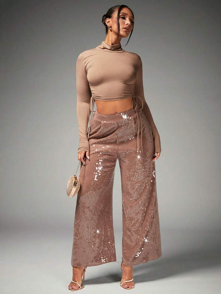High Waisted Sequin Wide Leg Pants