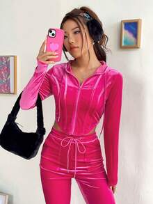 SHEIN EZwear 女士短款絨面拉鍊防潑水運動衫 - 玫紅色 - 查看 5