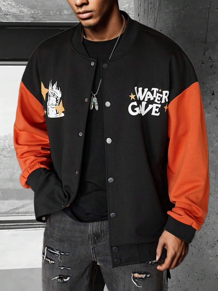 Oversized Men's Slogan Graphic Colorblock Bomber Jacket With Slant Pockets