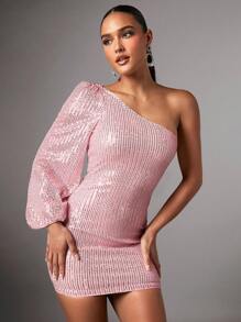 SHEIN BAE Christmas One Shoulder Lantern Sleeve Sequin Bodycon Dress