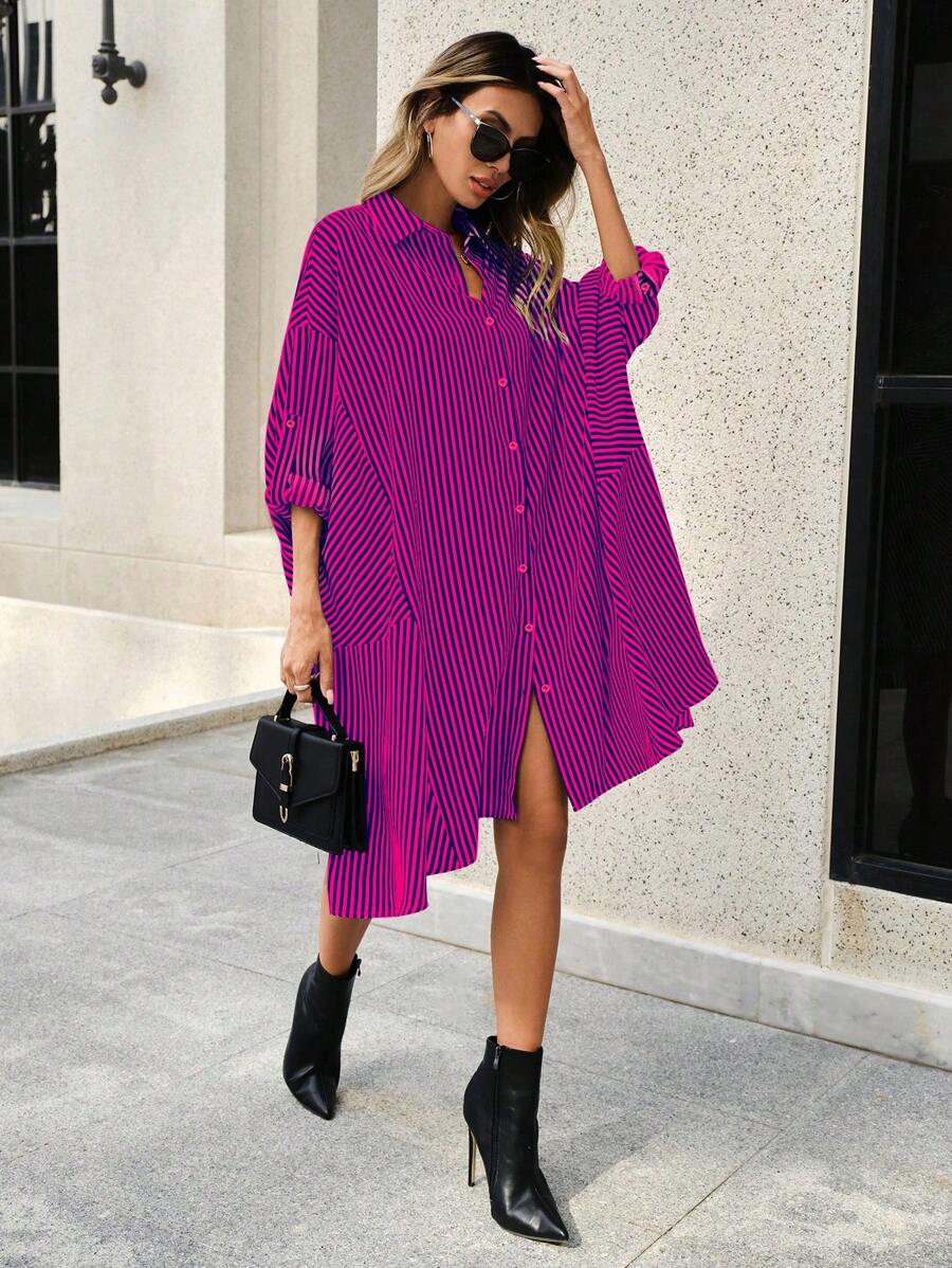 SHEIN Clasi 條紋印花捲邊袖不對稱下擺襯衫洋裝 - 彩色 - 查看 1