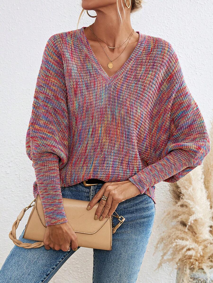 SHEIN LUNE Space Dye Batwing Sleeve Sweater - Multicolor - View 1