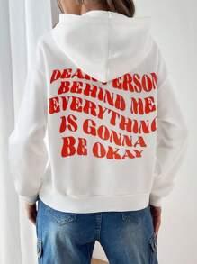 SHEIN EZwear Slogan Graphic Drop Shoulder Hoodie - White - View 2
