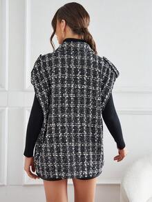 SHEIN Privé Plaid Pattern Lapel Neck Vest Blazer Without Belt - Black and White - View 3