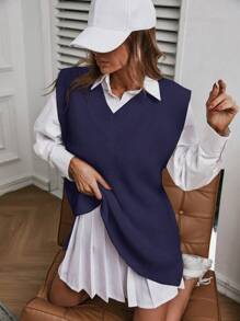 EURMUSE Solid Split Hem Sweater Vest Without Blouse - Navy Blue - View 5