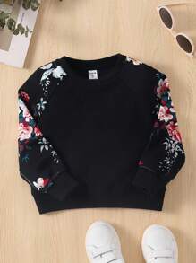 Young Girl Urban Elegant Knitted Round Neck Floral Patchwork Pullover Sweatshirt With Long Sleeves - Black - View 1