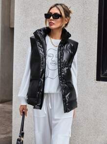 SHEIN Essnce Zip Up Belted Vest Padded Coat - Black - View 5