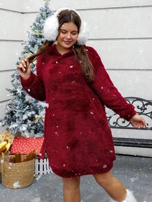SHEIN EZwear Hơn Thả vai Flannel Đàm áo cánh có mũ - Đỏ - Xem 4