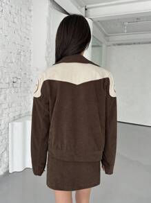 SHEINNeu Letter Embroidery Colorblock Drop Shoulder Corduroy Jacket
