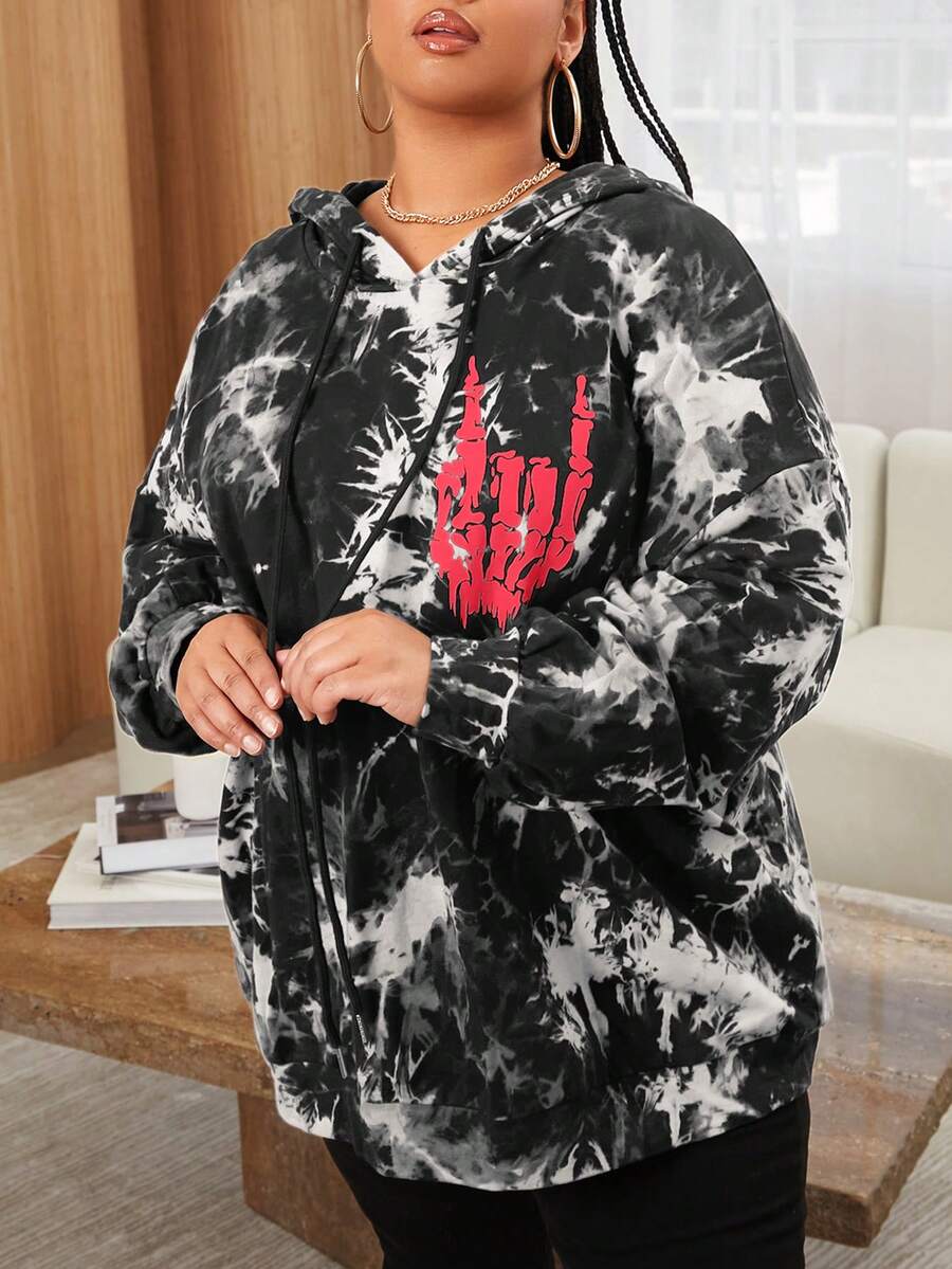SHEIN CURVE+ Áo nỉ tay rớt vai cỡ lớn, nhuộm tie-dye, in hình bàn tay xương. - Đen và trắng - Xem 1