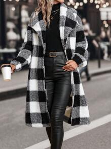 SHEIN Privé 大方格圖案大翻領法蘭絨外套 - 黑與白 - 查看 1