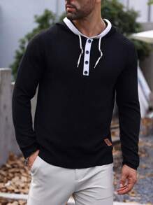 Manfinity Homme Men Contrast Trim Button Detail Hooded Sweater - Black - View 3
