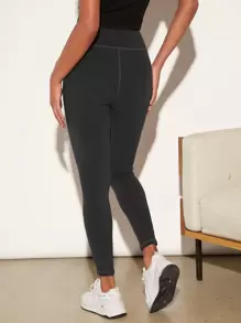 SHEIN BASICS Top-stitching Wideband Waist Leggings - Dark Grey - View 2