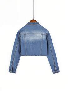 Thiếu niên cô gái Rách Raw Hem Áo khoác denim - Rửa trung bình - Xem 2