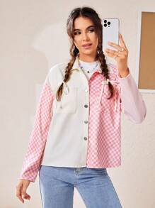 SHEIN EZwear 格紋及拼色設計之單排釦西裝外套,配有經典領型 - 粉色 - 查看 5