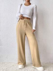 SHEIN Unity Tie Waist Wide Leg Pants - Apricot - View 4