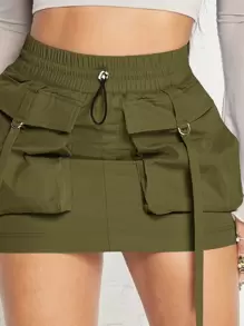 Hauture Flap Pocket Drawstring Waist Cargo Skirt - Army Green - View 6