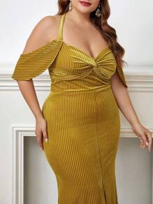SHEIN Belle Plus Cold Shoulder Twist Front Split Thigh Bridesmaid Dress - Gold - View 4
