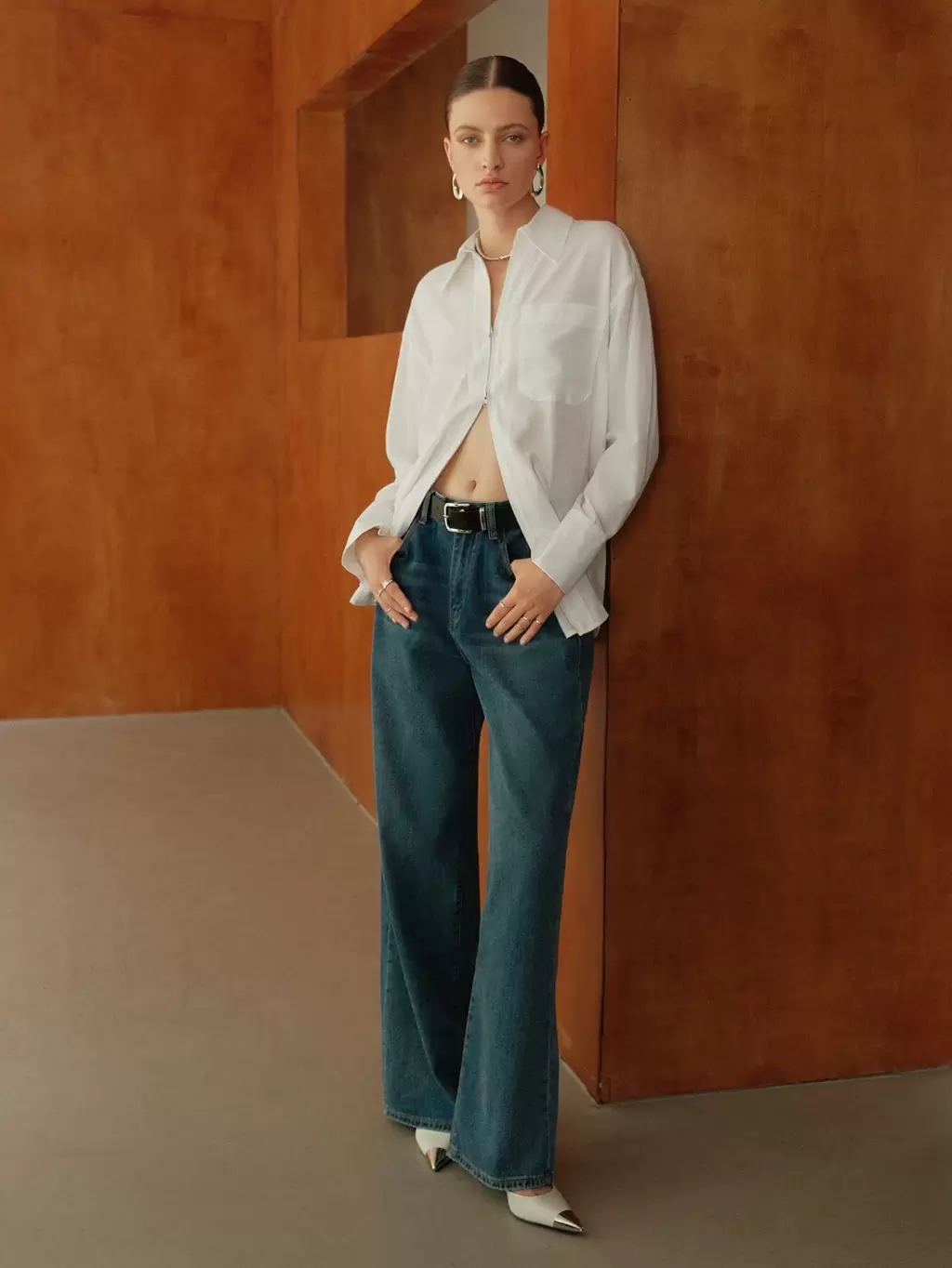Zip Up Pocket Patched Blouse