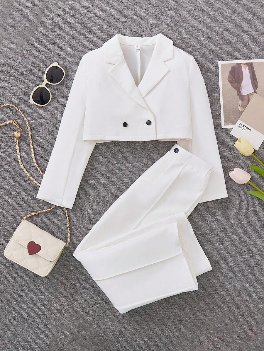 Tween Girl Double Button Crop Blazer & Pants - White - View 1