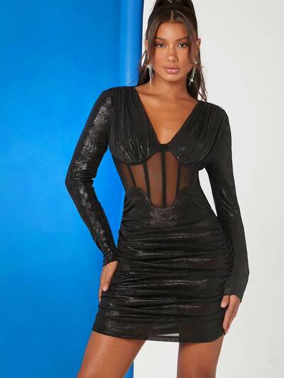 Mesh Insert Ruched Seam Front  Bodycon Dress