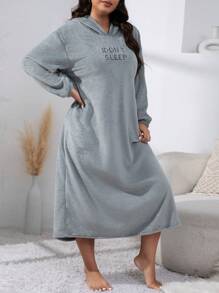 Kích thước lớn Lỏng lẻo phù hợp Chữ thêu Flannel Áo ngủ dài - Xám - Xem 3