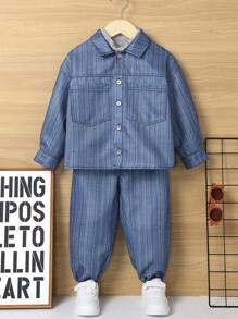 SHEIN Young Boys Casual Loose Jeans Texture Lapel Jacket + Straight Pants Set, Thermal Lined, Thickened - Blue - View 7